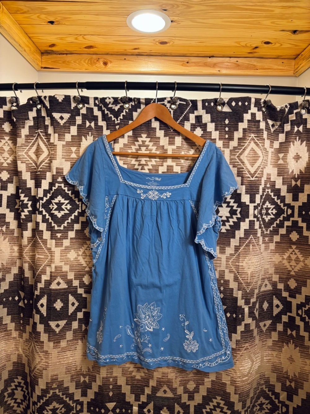 Women’s RXB Boho Floral Embroidered Blue Tunic Top, Flowy Sleeves, Size XL